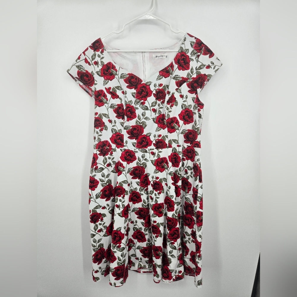 Kingfancy Red Rose Floral Fit & Flare 50s Dress 3XL (6592)